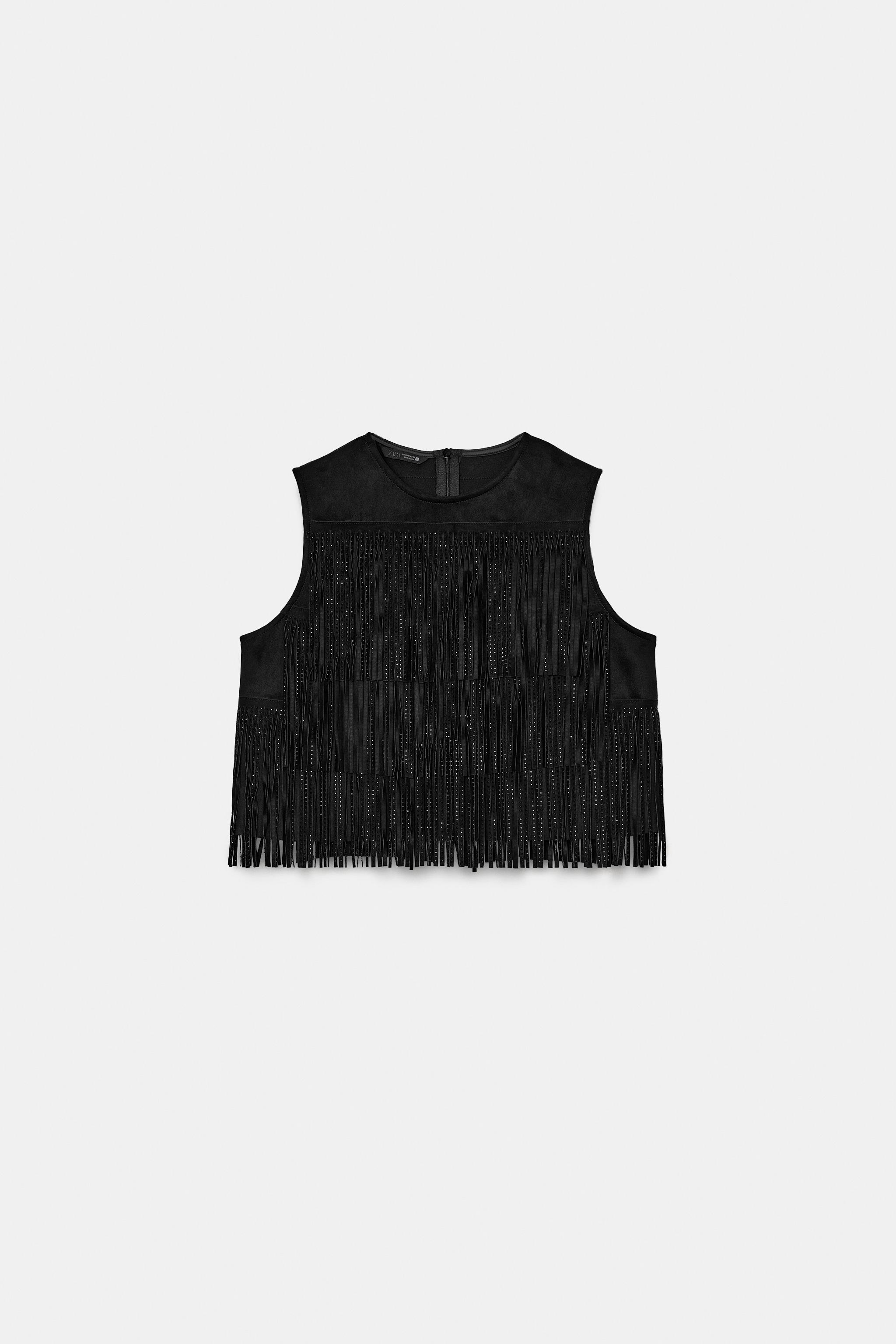 STUDDED FAUX SUEDE FRINGE TOP